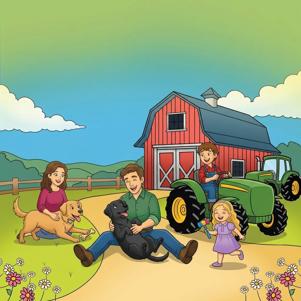 Amanda Young beside an illustration of Walter, Billy and Polly in a field