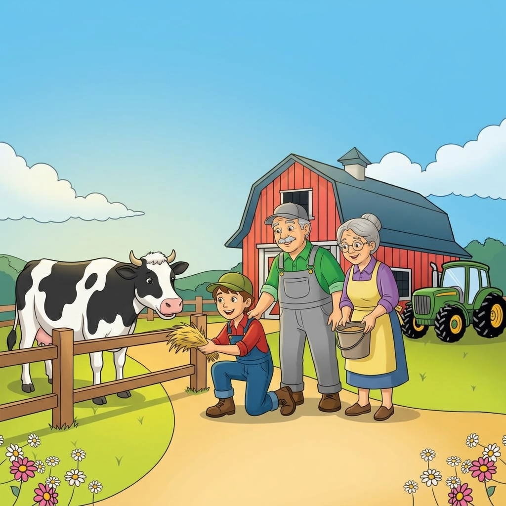 Walter and Billy illustrations: the red barn, the green tractor and a family picnic