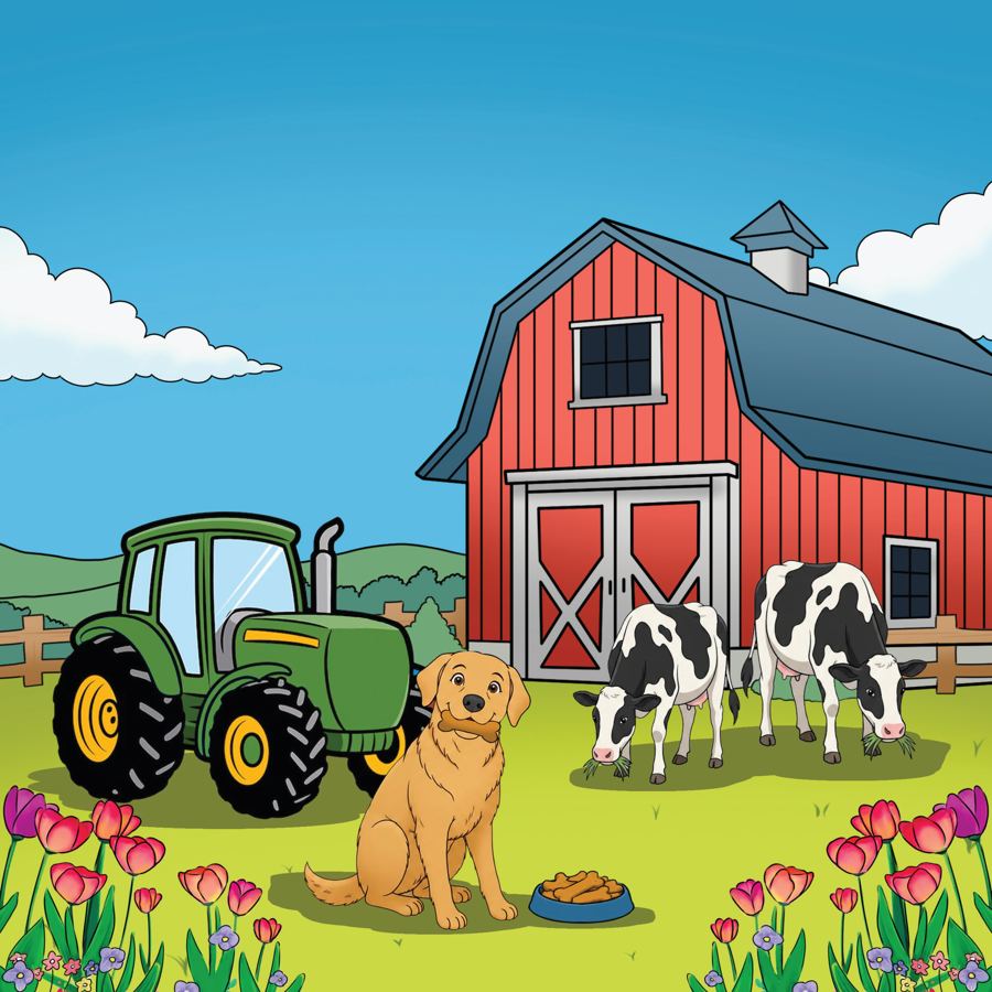 Walter sitting by the green tractor with the cows grazing near the red barn