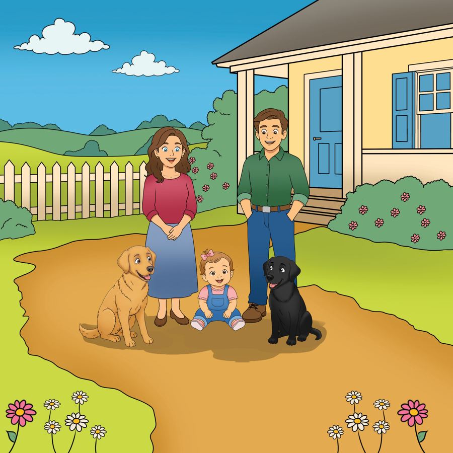 Mandy and Jaime with baby Ellie and the dogs outside their house