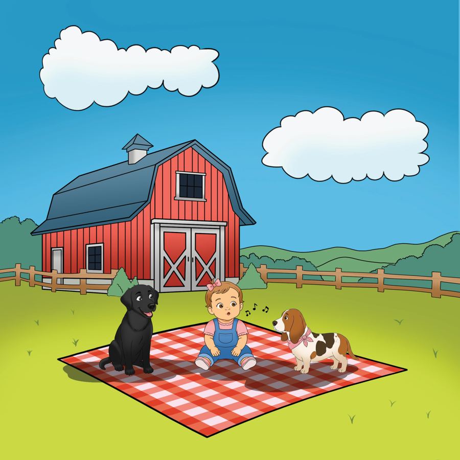 Ellie on a picnic blanket with Billy and Polly the basset hound