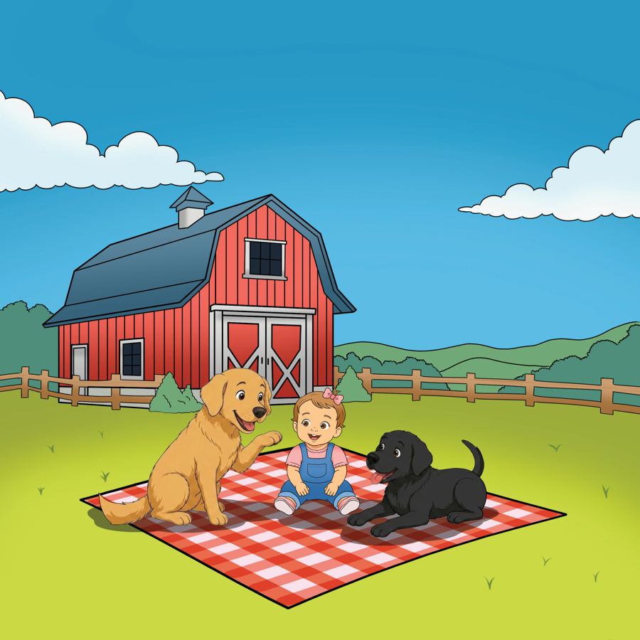 Walter and Ellie on a picnic blanket while Walter tries to teach her to bark