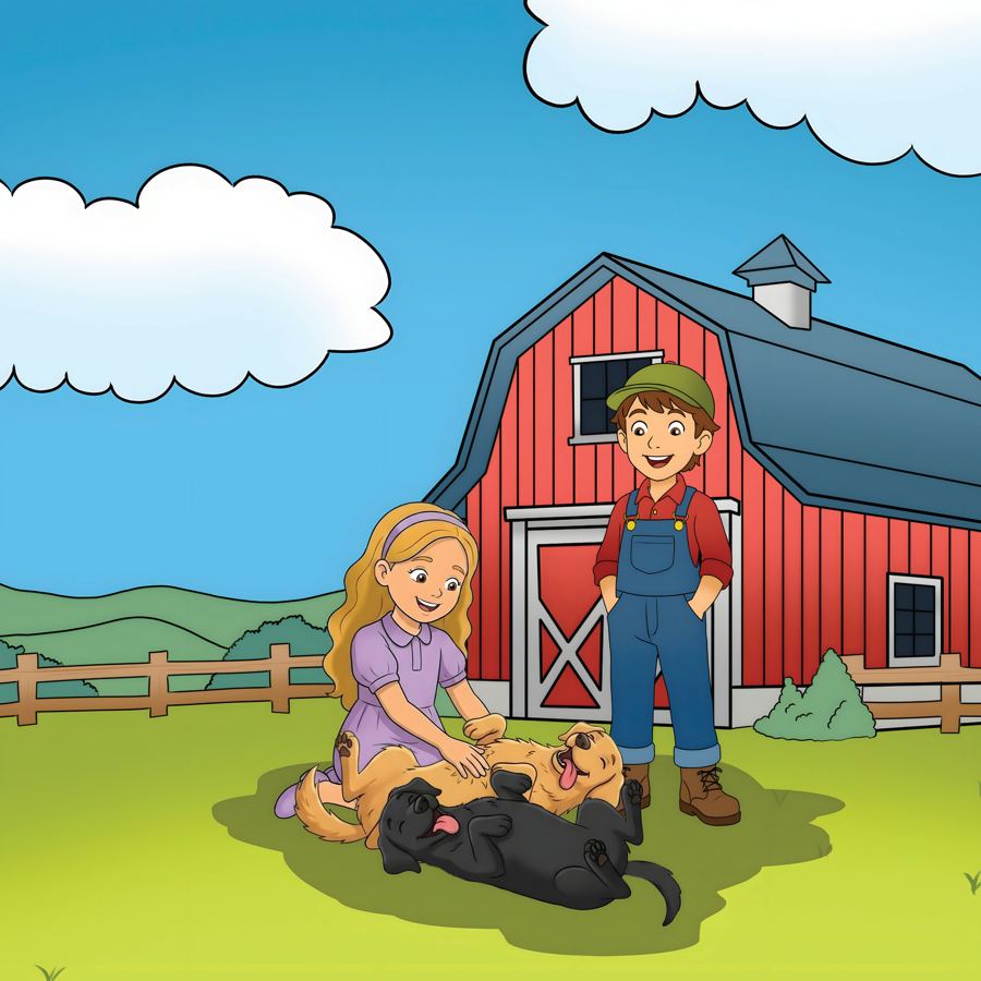 Sam and Addison playing with Walter and Billy on the grass
