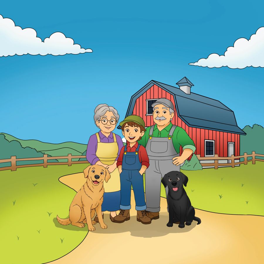 Sam, Farmer Mac, and Meemaw standing with Walter and Billy