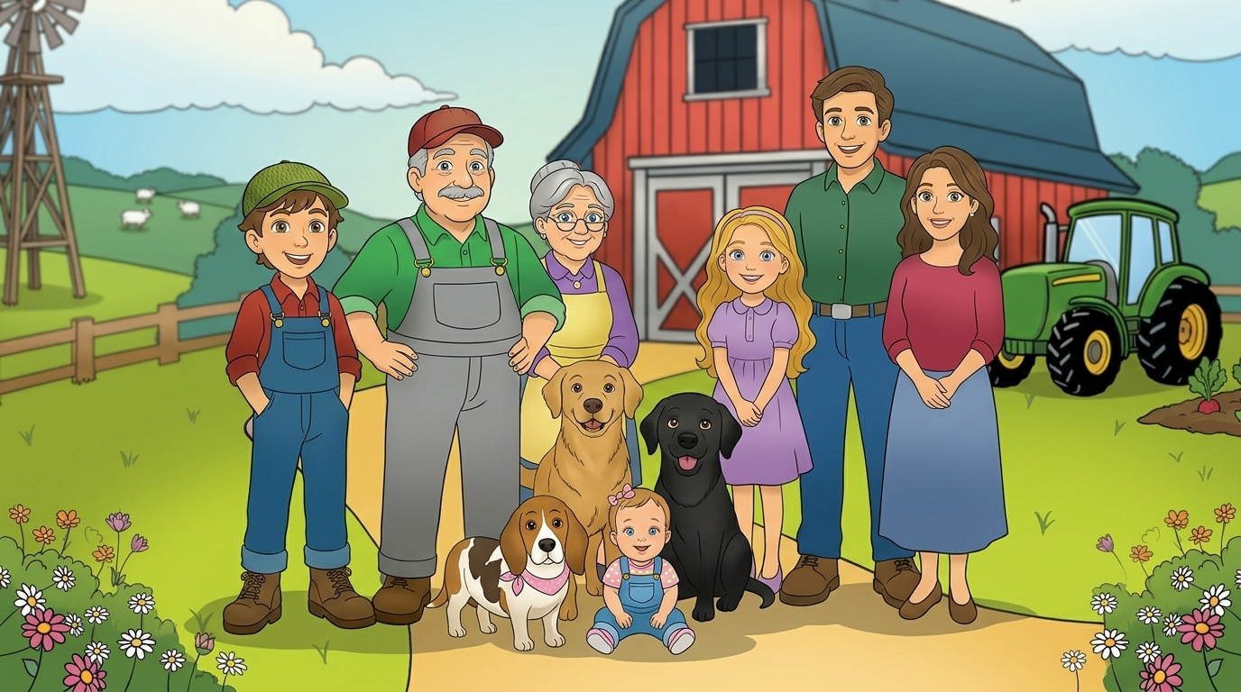 Walter, Billy, and their whole farm family standing together in front of the red barn