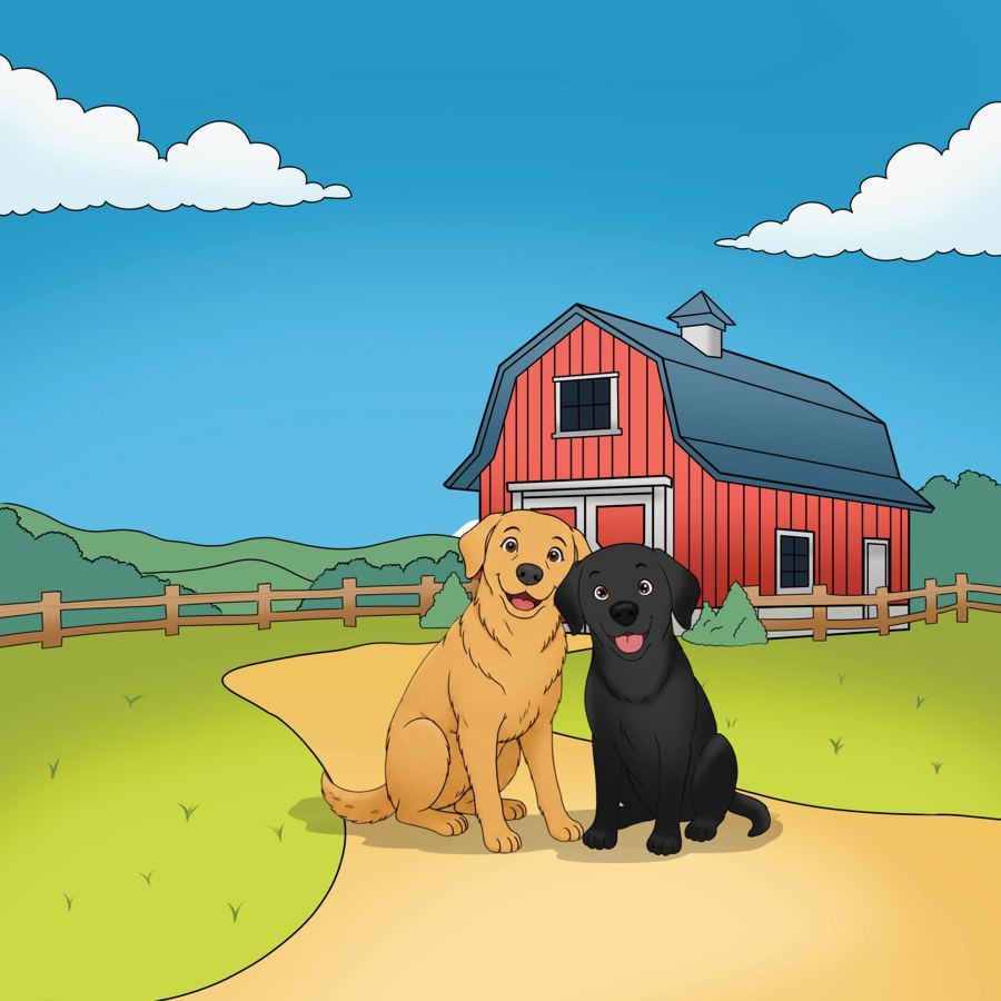Walter the red retriever and Billy the black retriever sitting together in front of the barn